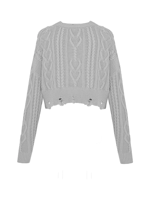Light Grey Cotton Cropped Cable Knit Sweater, 2 Light Grey Cotton Cropped Cable Knit Sweater, 2