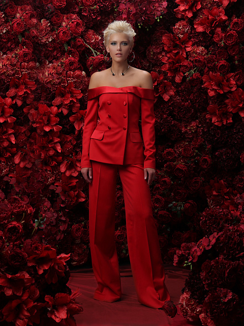 Red Wool Open Shoulders Pantsuit, 3