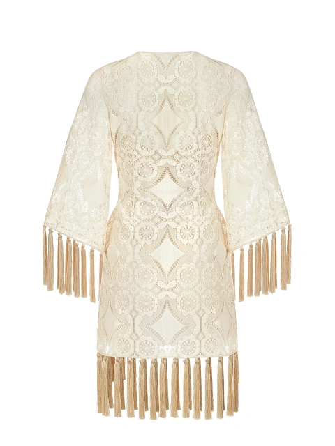 Light Beige Fringe Cotton Lace Wrap Dress, 2