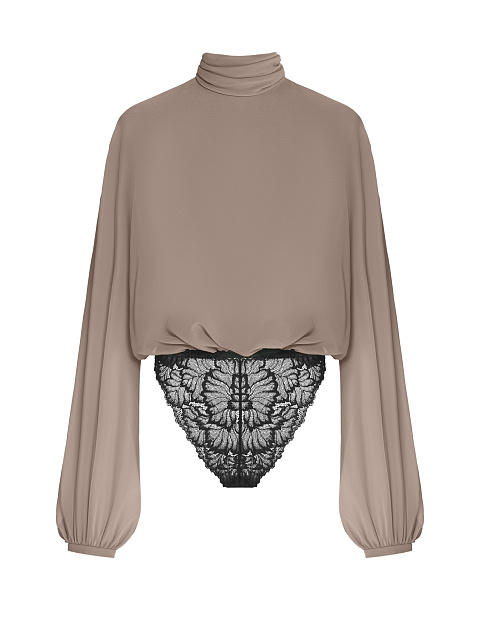 Brown bodysuit blouse with lace, 1