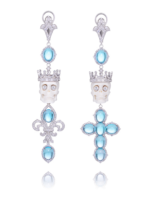 White Gold, Blue Topaz Swiss, Round Sapphire & Mammoth Tusk Skull Earrings , 1