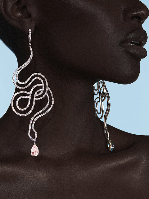 White Gold Aquamarine & Morganite & Diamond Snake Earrings, 3