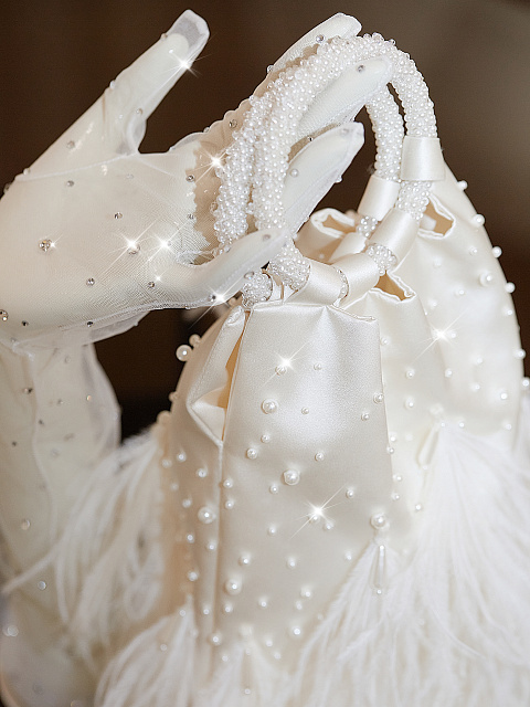 White Silk Pearls & Feathers Small Bag, 6