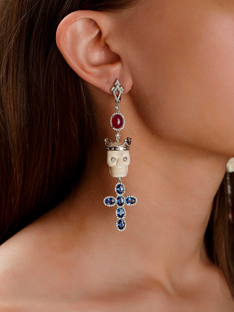 White Gold, Rubies & Sapphires Skull Earrings, 2