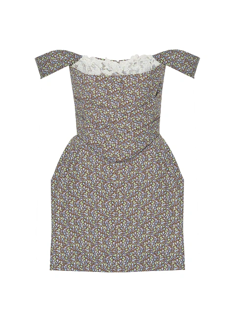 Brown Floral Print Lace Trim Cotton Mini Dress, 1 Brown Floral Print Lace Trim Cotton Mini Dress, 1
