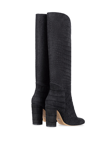 Black Crocodile Leather Heeled Tall Boots, 2