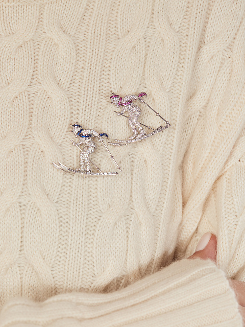 White Gold, Diamonds & Sapphires Skier Brooch, 3