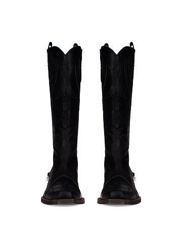 Black Leather Embroidered Cowboy Boots, 2