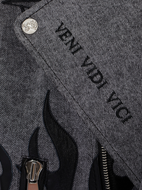 Grey Leather Trim Denim Biker Jacket, 5 Grey Leather Trim Denim Biker Jacket, 5