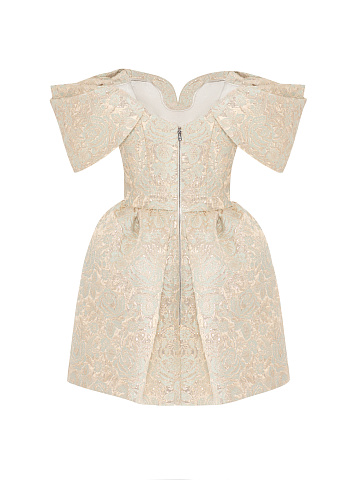 Beige Floral Brocade Mini Dress, 2