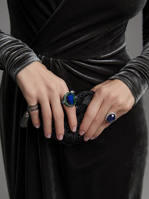Black Cabochon Opal, Baguette Sapphire, Round Emerald & White Gold Ring, 6