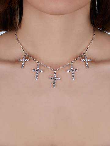 Silver & Cubic Zirkonia 5 Crosses Necklace, 2