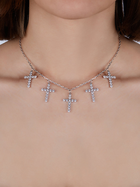 Silver & Cubic Zirkonia 5 Crosses Necklace, 2