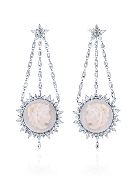 White Gold, Cameo & Pear-cut Diamonds Earrings, 1