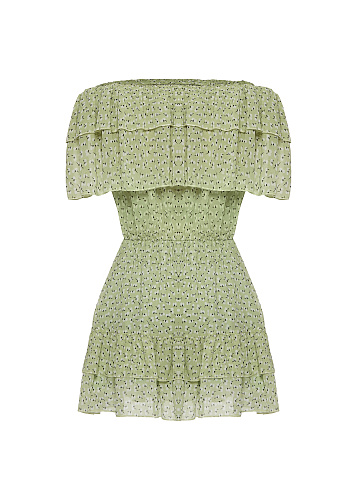 Light Green Flower Printed Off Shoulder Mini Dress, 2