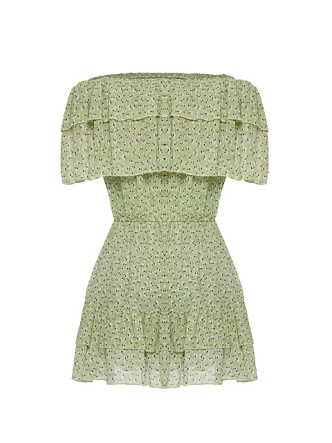 Light Green Flower Printed Off Shoulder Mini Dress, 2 Light Green Flower Printed Off Shoulder Mini Dress, 2