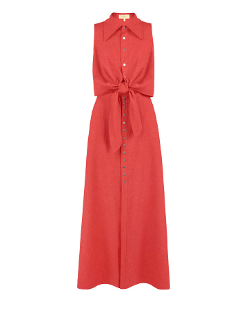 Set, coral linen, blouse with a tie at the hips, flared skirt with buttons, 1