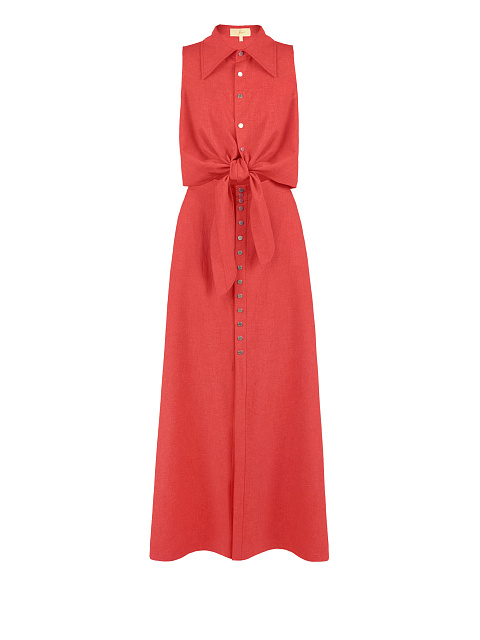 Set, coral linen, blouse with a tie at the hips, flared skirt with buttons, 1