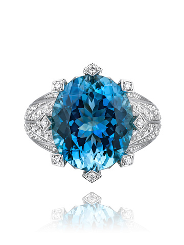 Aquamarine; Princess Diamond, Round Diamond & White Gold Ring, 2