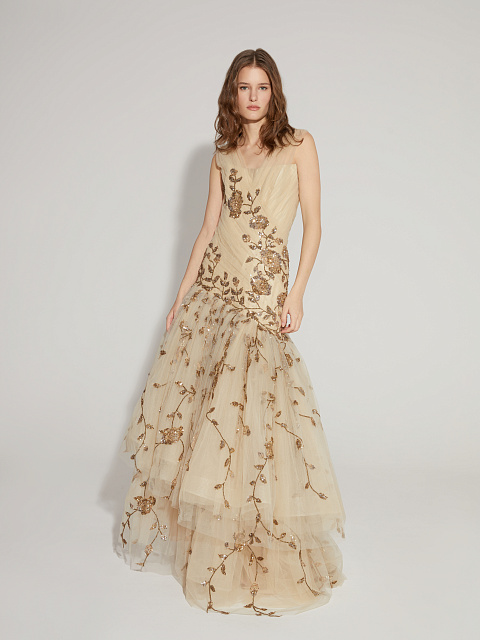 Beige Asymmetric Embroidered Mesh Maxi Dress, 2 Beige Asymmetric Embroidered Mesh Maxi Dress, 2