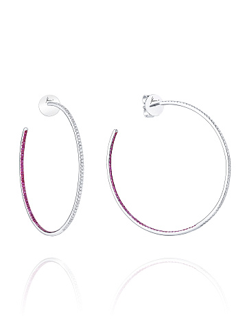 Round Diamond, Pink Round Sapphire & White Gold Hoop Earrings, 1