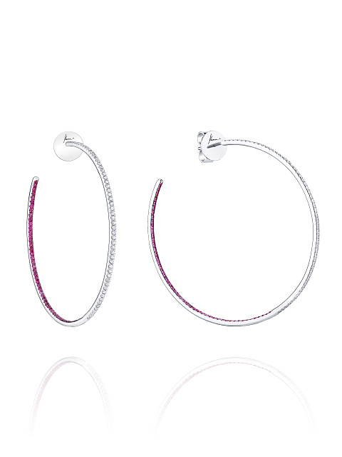 Round Diamond, Pink Round Sapphire & White Gold Hoop Earrings, 1