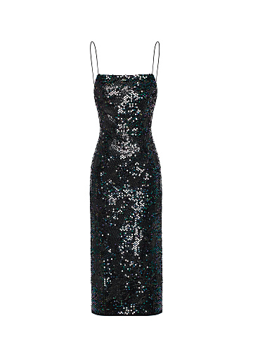 Black Sequin Velvet Midi Dress, 1