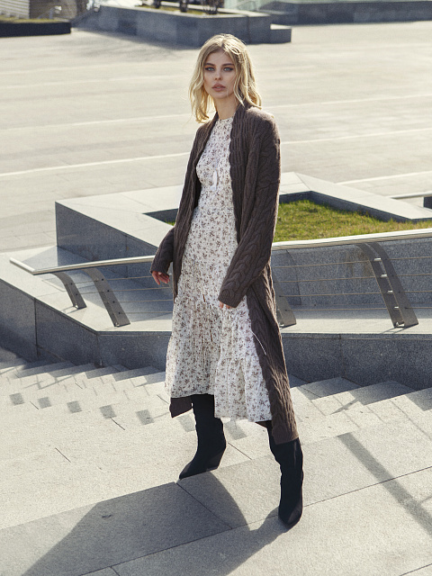 Brown Cashmere Cable Knit Long Cardigan, 3