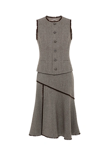 Brown Wool Vest & Midi Skirt Set, 1