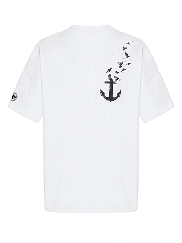 Men's Printed Anchor & Birds White Cotton T-shirt, 1