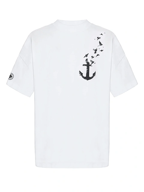 Men's Printed Anchor & Birds White Cotton T-shirt, 1