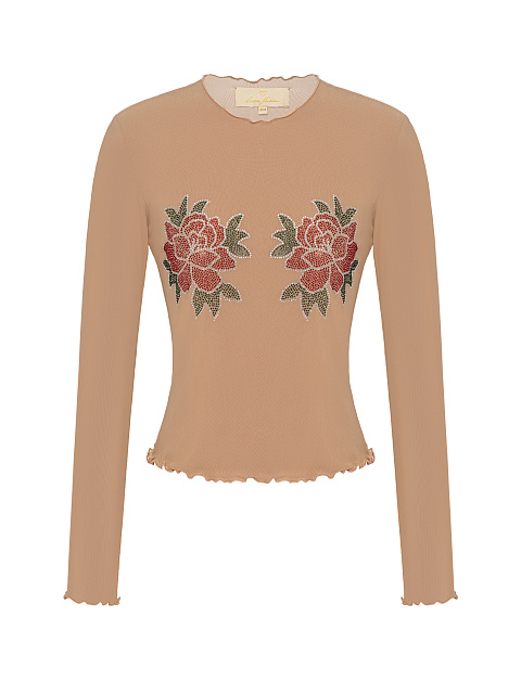 Beige Rhinestones Rose Mesh Longsleeve, 1 Beige Rhinestones Rose Mesh Longsleeve, 1