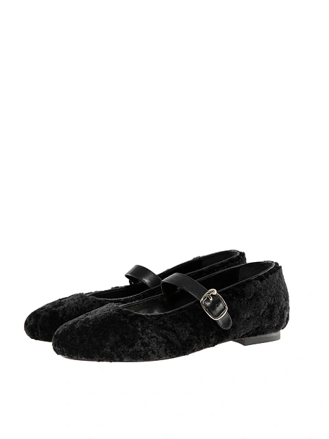 Black Shearling Mary Jane Ballet Flats, 1