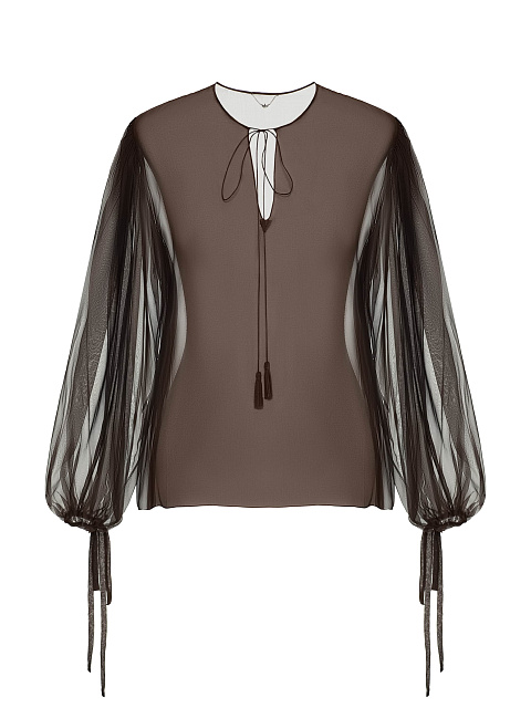 Brown Chiffon Blouse With Voluminous Sleeves, 1