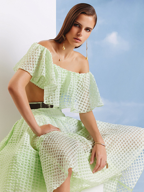 Lime Green Checked Chiffon Top & Midi Skirt, 7 Lime Green Checked Chiffon Top & Midi Skirt, 7