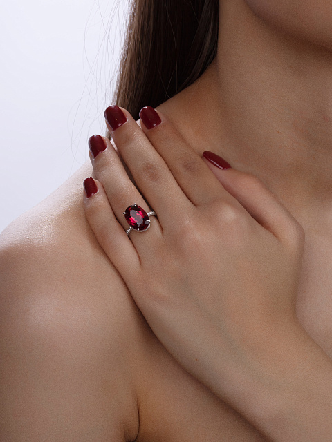 Round Diamond & Oval Rubellite & White Gold Ring , 4