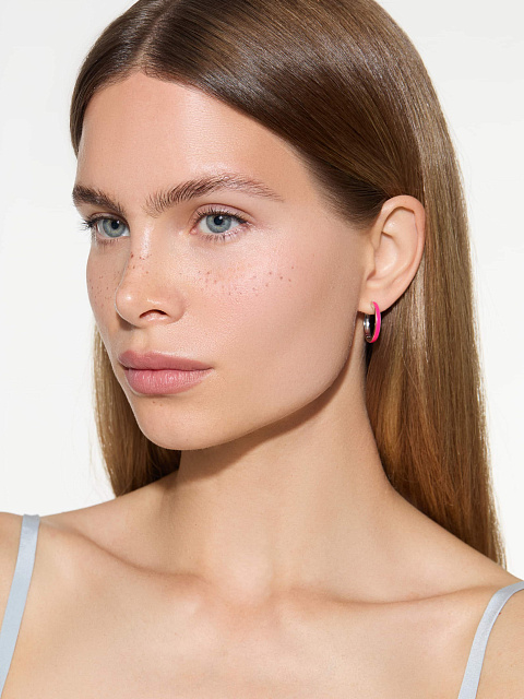White Gold & Pink Enamel Small Hoops, 3