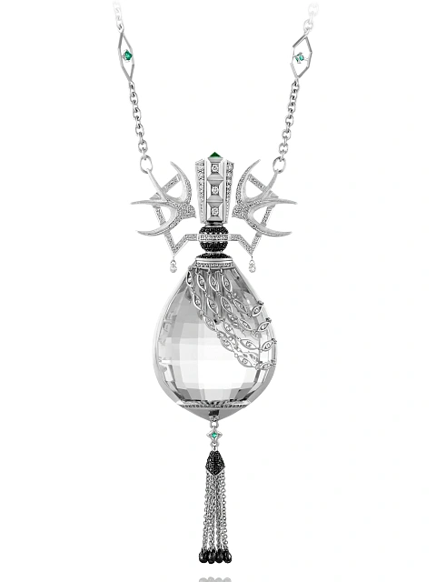 Vinaigrette necklace in white gold with diamonds, emeralds and quartz, 3