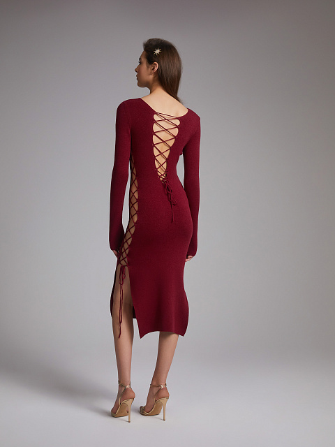 Bordeaux Lace Up Jersey Midi Dress, 7 Bordeaux Lace Up Jersey Midi Dress, 7