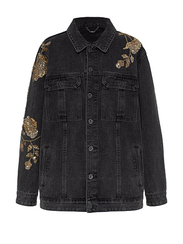 Black Denim Jacket with Floral Embroidery, 1