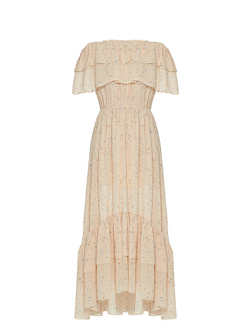 Peach Flower Printed Off Shoulder Dress, 1