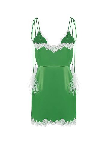 Green mini silk dress with white lace, 2