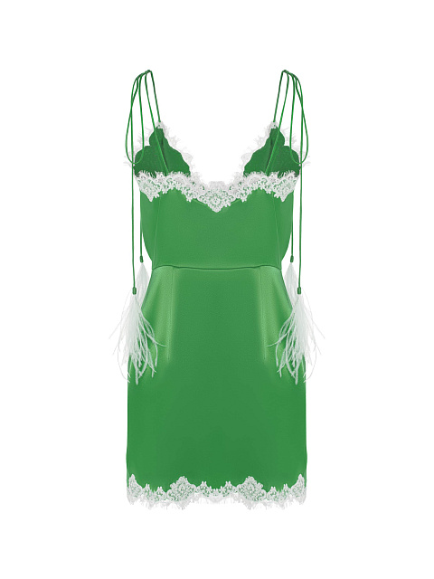 Green mini silk dress with white lace, 2