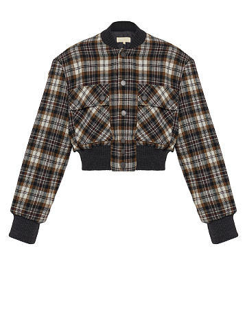 Dark Brown Plaid Cropped Bomber Jacket, 1