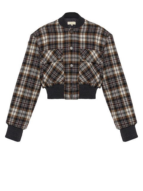 Dark Brown Plaid Cropped Bomber Jacket, 1 Dark Brown Plaid Cropped Bomber Jacket, 1