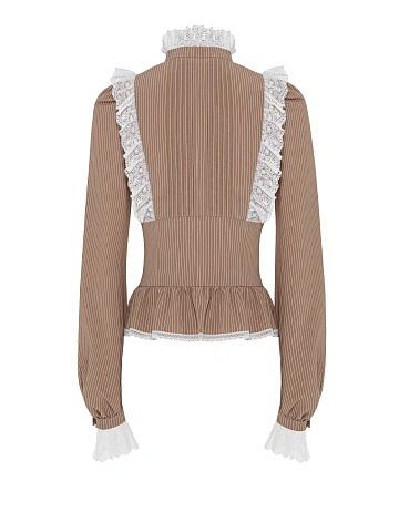 Light Brown Lace Trim Striped Cotton Blouse, 2