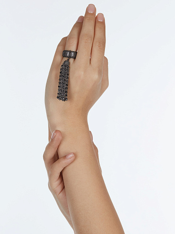 Black Gold & Black Briolette Diamond &  Black Round Diamond Tassel Ring, 2