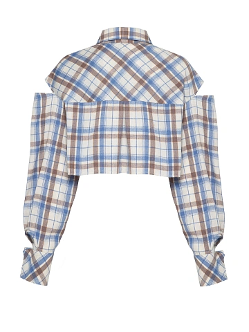 Beige & Blue Cut Out Cropped Check Shirt, 2
