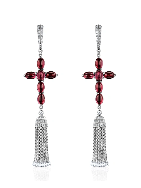 White Gold, Garnet & Diamonds Tassel Earrings, 1
