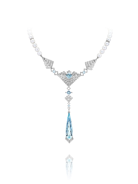 Palladium necklace with aquamarine and grey diamonds, 1
